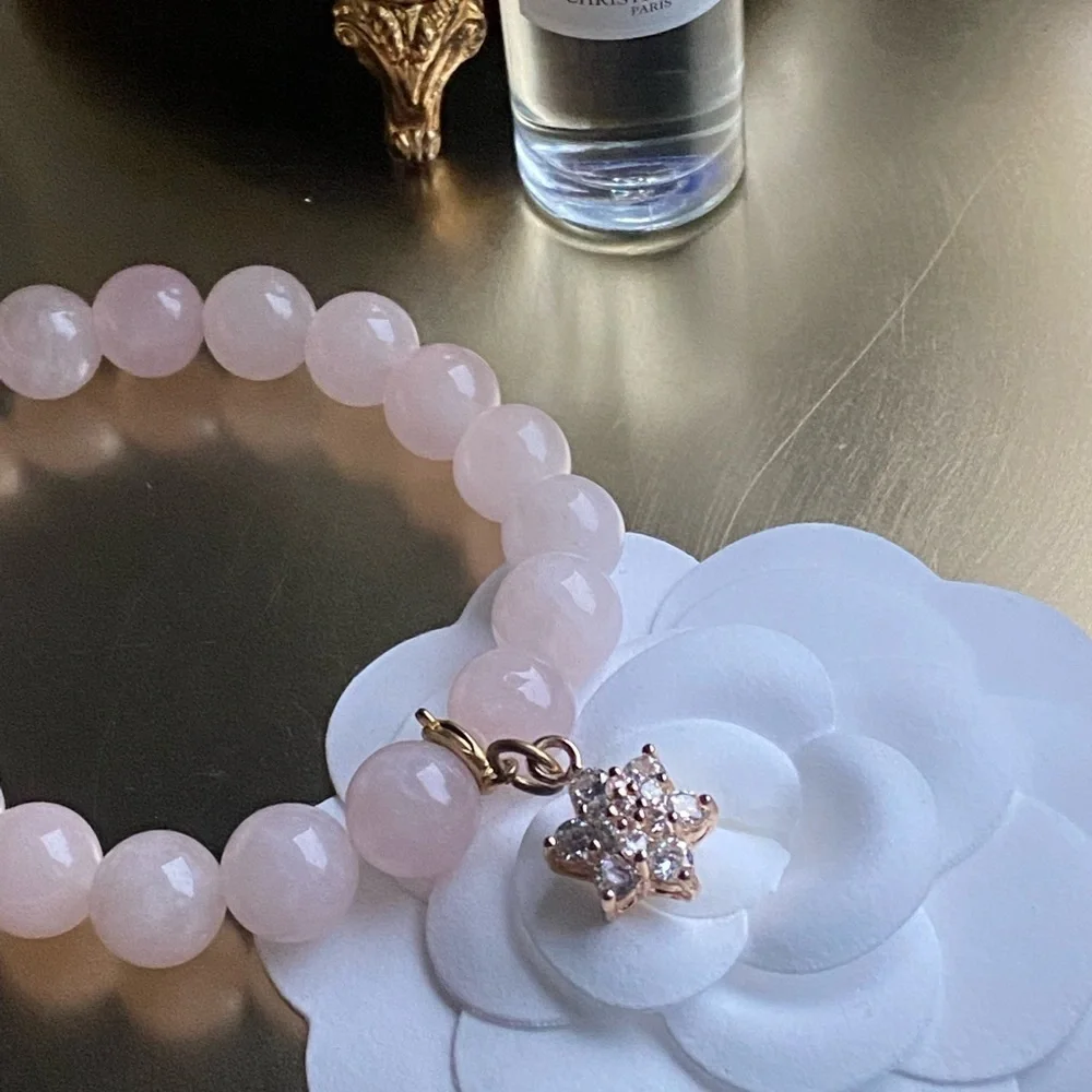 Genuine rose Quartz bracelet with removable flower charm_11